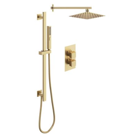 Zena Brushed Gold Square Double Outlet Valve with Slide Rail Kit, Shower Head