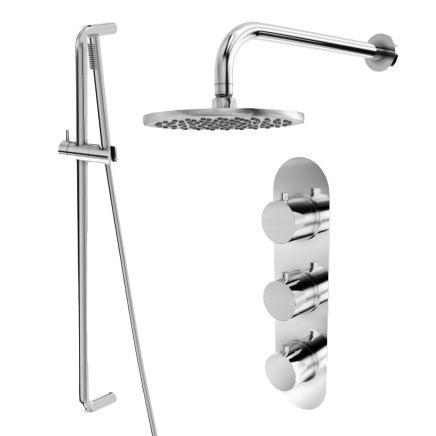 Elora Chrome Round Dual Outlet Shower Pack with Fixed Head, Slider Rail & Triple Concealed Valve