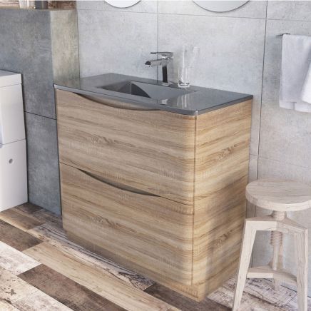 Erin Light Oak Floor Standing Vanity Unit with Grey Glass Basin 900mm
