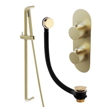 Elora Brushed Gold Round Dual Outlet Shower Pack with Slider Rail & Overflow Bath Filler