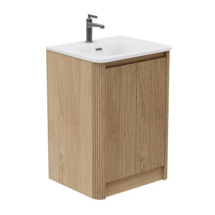 Wish Ribbed Floor Standing Vanity Unit With Doors in Natural Oak with Matt White Basin - 600mm