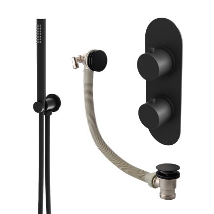 Elora Matt Black Round Dual Outlet Shower Pack with Bath Overflow Filler & Handheld Shower