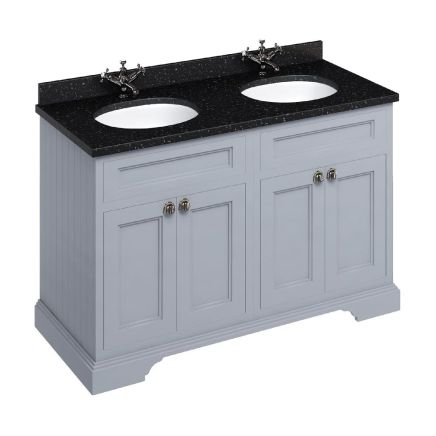Traditional grey and white freestanding vanity unit with two integrated basins