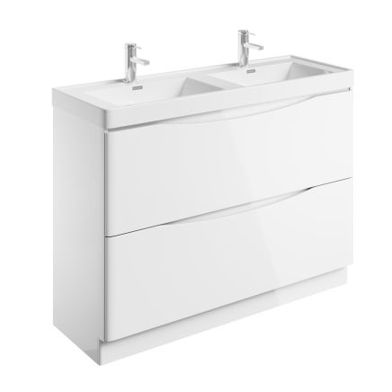 Angled view of the Erin Gloss White Floor Standing Vanity Unit with Ceramic Basin 1200mm