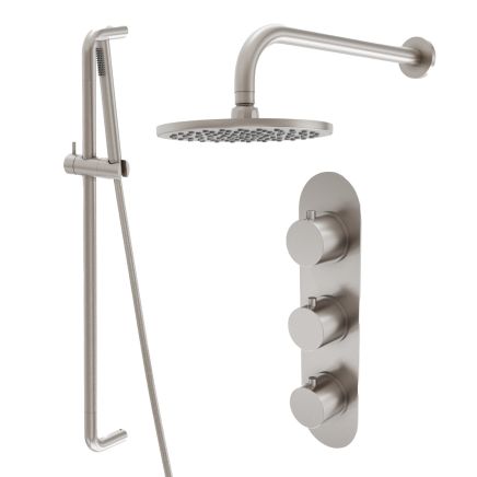 Elora Brushed Nickel Round Dual Outlet Shower Pack with Fixed Head, Slider Rail & Triple Valve
