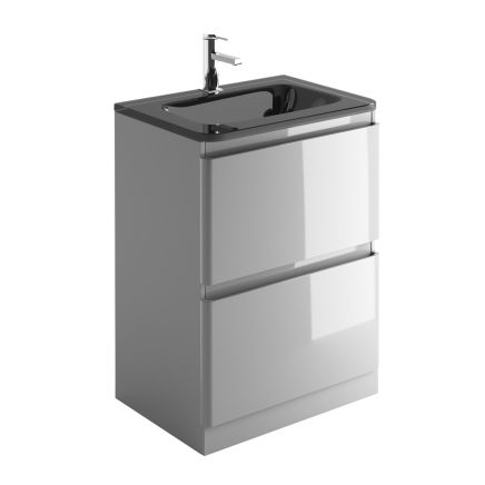Neon Gloss Light Grey Floor Standing Vanity Unit with Grey Glass Basin 600mm