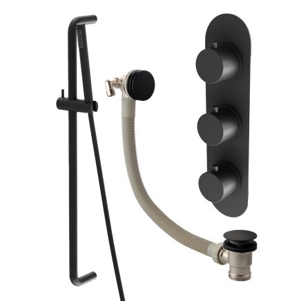 Elora Matt Black Round Triple Control Shower Pack with Slider Rail & Overflow Bath Filler
