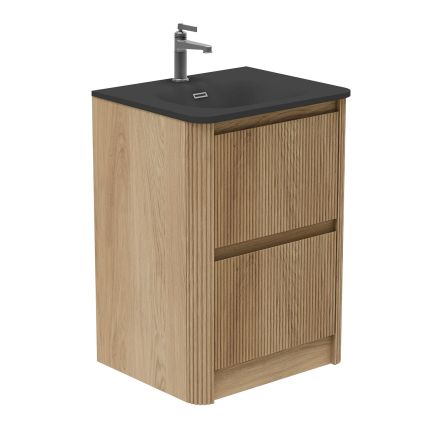 Wish Ribbed Floor Standing Vanity Unit With Drawers in Natural Oak with Matt Black Basin 600mm