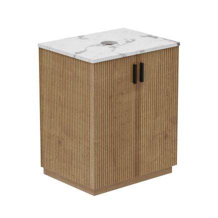 Revel 650mm Ribbed Floor Standing Vanity Unit in Natural Oak & Marble Worktop With 0 Tap Hole