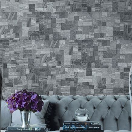 Full-face swatch shot of an elongated rectangular Gabriel Anthracite ceramic tile displaying a pre-patterned geometric mosaic grid of grey and charcoal stone textures
