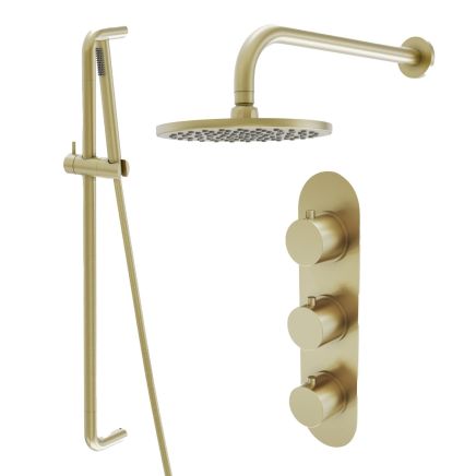 Elora Brushed Gold Round Dual Outlet Shower Pack with Fixed Head, Slider Rail & Triple Concealed Valve