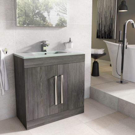 Nante Dark Elm Floor Standing Vanity Unit with Glass Basin 800mm