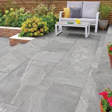 Cumbria Grey Stone Outdoor Porcelain Tile 600x1200mm roomset