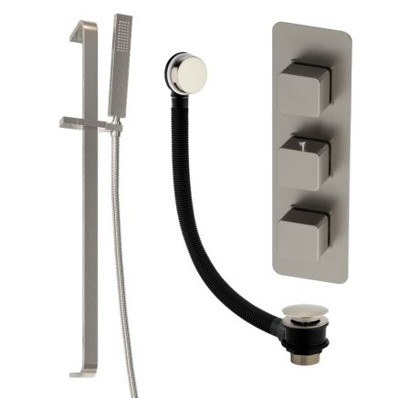 Liva Brushed Nickel Triple Control Shower Pack with Slider Rail & Overflow Bath Filler