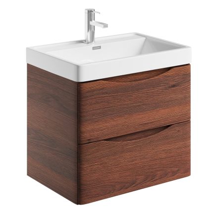 Angled view of the Erin Rosewood Wall Hung Vanity Unit with Ceramic Basin 600mm