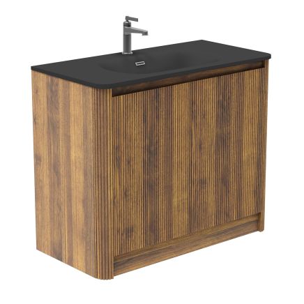 Wish Ribbed Floor Standing Vanity Unit With Doors in Walnut with Matt Black Basin 1000mm
