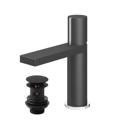 Pancho Matt Black and Chrome Basin Mixer Tap & Waste