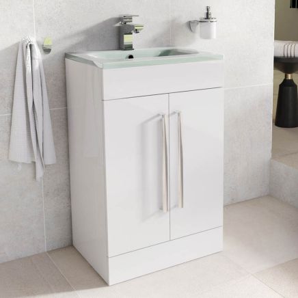 Nante Gloss White Floor Standing Vanity Unit with Glass Basin 515mm
