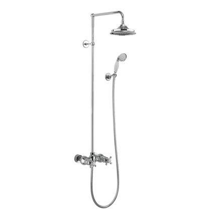 Exposed dual outlet bar valve chrome shower with white accents