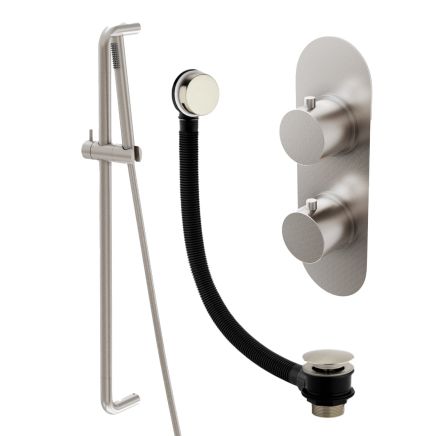 Elora Brushed Nickel Round Dual Outlet Shower Pack with Slider Rail & Overflow Bath Filler