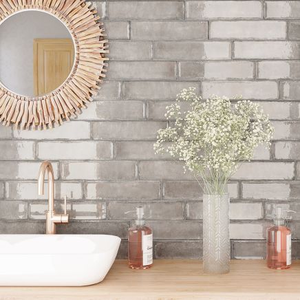 Grey Glossy Ceramic Brick Tile Bathroom Wall