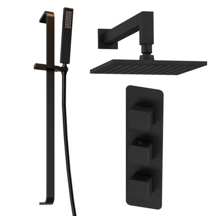 Liva Matt Black Triple Control Square Shower Pack with Fixed Head & Slider Rail