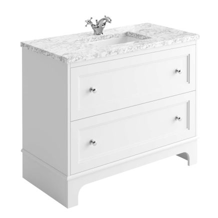 1000mm Vanity Unit in Matt White with Marble Worktop & Ceramic Basin