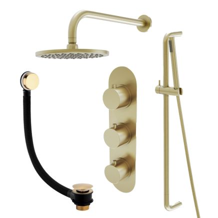 Elora Brushed Gold Triple Outlet Shower Pack with Head, Slider Rail & Bath Filler