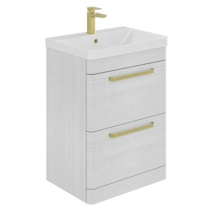 Esk White Floor Standing Vanity Unit and Basin with Brushed Gold Handles 600mm