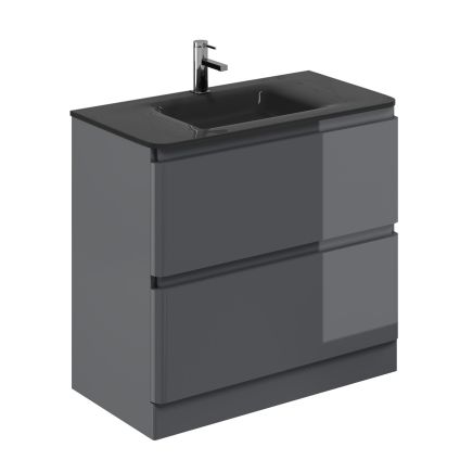 Neon Gloss Titanium Grey Floor Standing Vanity Unit with Grey Glass Basin 900mm