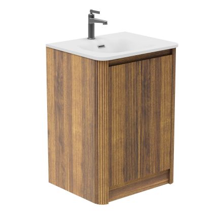 Wish Ribbed Floor Standing Vanity Unit With Doors in Walnut with White Ceramic Basin 600mm