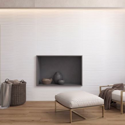 Living room feature wall tiled in Kenya Feel Blanco Wave 250x750mm Ceramic Tiles around a recessed alcove.