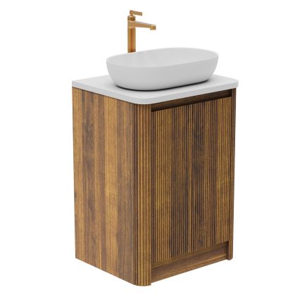 Wish Ribbed Floor Standing Vanity Unit With Doors in Walnut with White Worktop 600mm