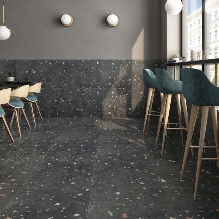 Bono Noir Black Matt Porcelain Terrazzo Tile - 600x600mm