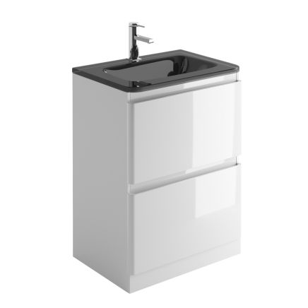 Neon Gloss White Floor Standing Vanity Unit with Grey Glass Basin 600mm