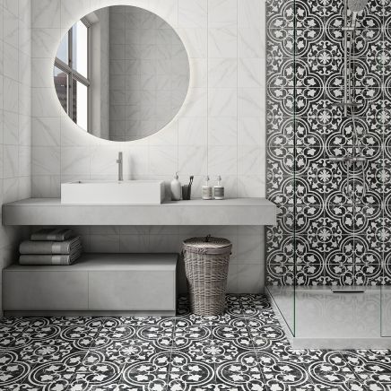 Motril Black Ornate Reverse Matt Porcelain Tile Roomset