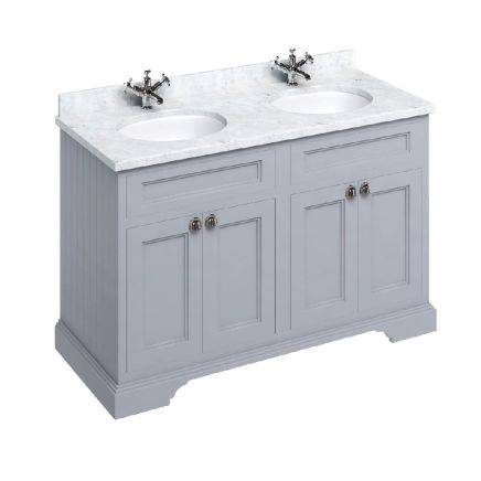 traditional grey freestanding vanity unit with double basin and white marble countertop