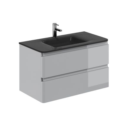 Neon Gloss Light Grey Wall Hung Vanity Unit with Grey Glass Basin 900mm