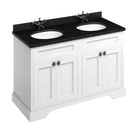 Traditional black and white freestanding vanity unit with two integrated basins