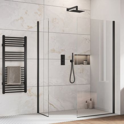 Oxford Matt Black Walk-In Wetroom Shower Screen with clear glass panels and black trim profile in a modern marble effect tiled bathroom.