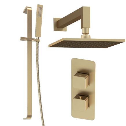 Liva Brushed Gold Dual Outlet Square Shower Pack with Fixed Head & Slider Rail