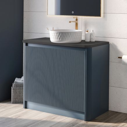 Wish Ribbed Floorstanding Vanity Unit with Doors in Blue with Black Worktop