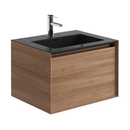 Snowdon Natural Oak Wall Hung Vanity Unit with Black Basin 600mm