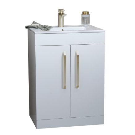 Apex 615mm Floor Standing Vanity Unit & Basin in Gloss White with Brushed Nickel Handles