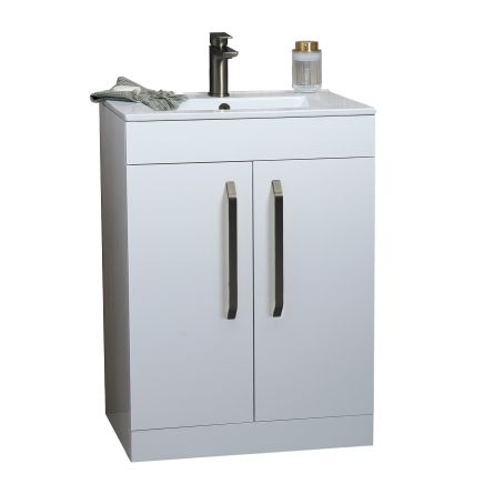Apex 615mm Floor Standing Vanity Unit & Basin in Gloss White with Gunmetal Handles