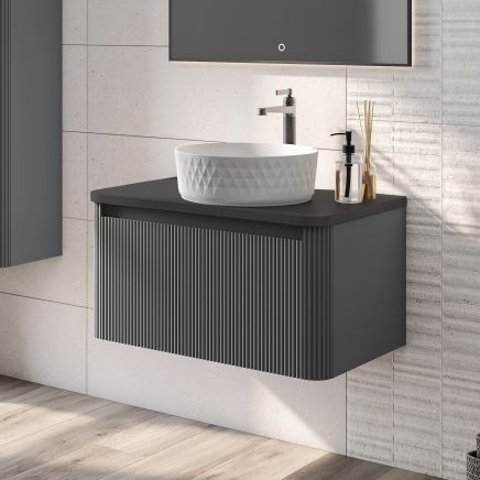 Wish Ribbed Wall Hung Vanity Unit in Charcoal with Black Worktop