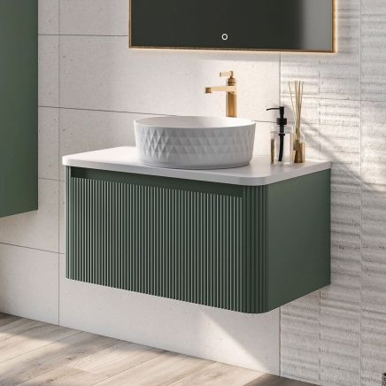 600mm Wish Ribbed Wall Hung Vanity Unit in Green with White Worktop