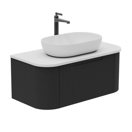 Soar Ribbed Black Wall Hung Vanity Unit and White Worktop 900mm