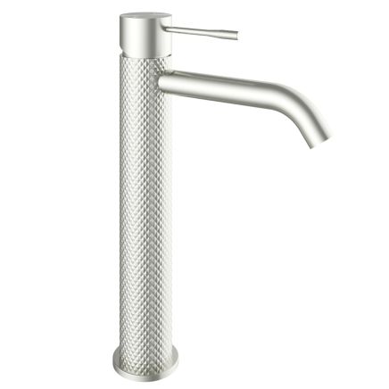 Moray Brushed Nickel tall basin mixer tap featuring a textured knurled detailing