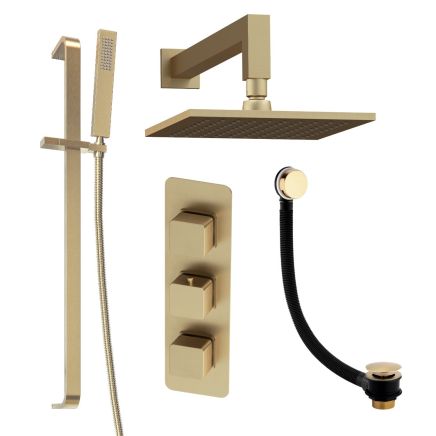 Liva Brushed Gold Shower Pack with Fixed Head, Slider Rail & Overflow Bath Filler